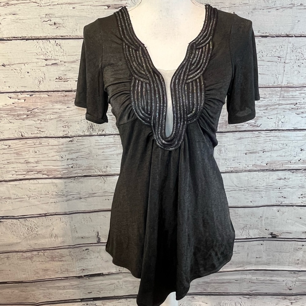 YOYO 5 Shimmery Black Drape Front Short Sleeve Blouse w Embellished Neckline-M